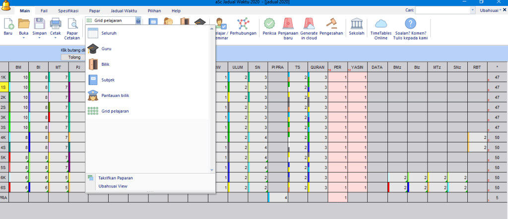 Main  Spesifikasi  Baru  Papar  Jadual Waktu  Grid pelajaran  Seluruh  Guru  Bilik  Subjek  Pilihan  Help  [ajar / Perhubungan  minar  LILLIM  Periksa Penjanaan Generate Pengesahan  bar u  in cloud  Cari:  TimeTabIes Soalan? Komen?  Online Tulis kepada kami  Ubahsuai •  auka Simpan Cetak Papar  Cetakan  Klik butang  Tolong  PI PRA  PER  Sekolah  YASIN  DATA  3Mz  00 00  pantauan bilik  Grid pelajaran  Takritkan paparan  Ubahsuai View