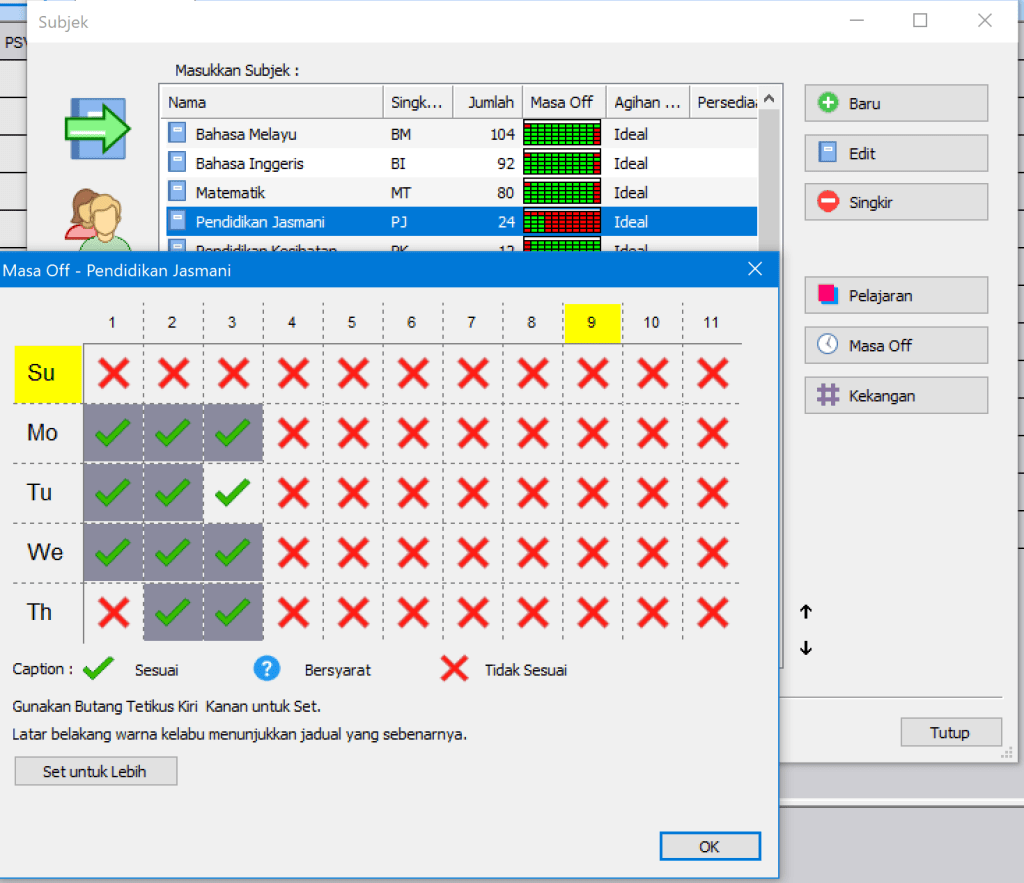 Subjek  Мажь:жы :  Чау.  Matemab  Маза ОН - Pendidikan Jasmani  мо  ти  We  : Sesu*  Set.  LBtN Кее•_•  Set  Маза 0ff  х  х  х  х  х  х  х  х  х  х  х  х  х  х  х  х  х  х  х  х  х  х  х  х  х  Афт... !  х  х  х  х  х  х  х  х  х  х  О Вии  Edt  • Жарт  Т  Тиц